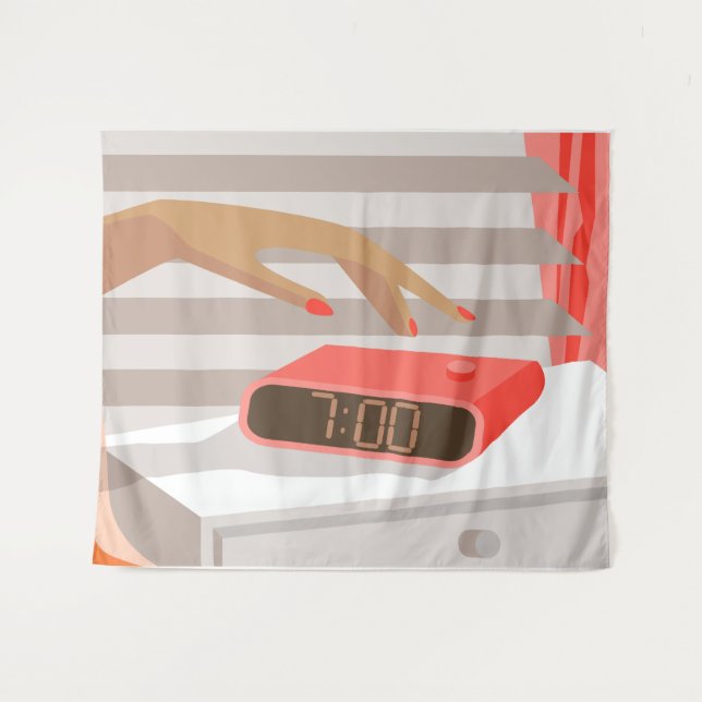 Womans hand pushing on alarm clock snooze button tapestry (Front (Horizontal))