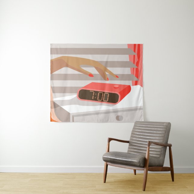 Womans hand pushing on alarm clock snooze button tapestry (In Situ (Horizontal))