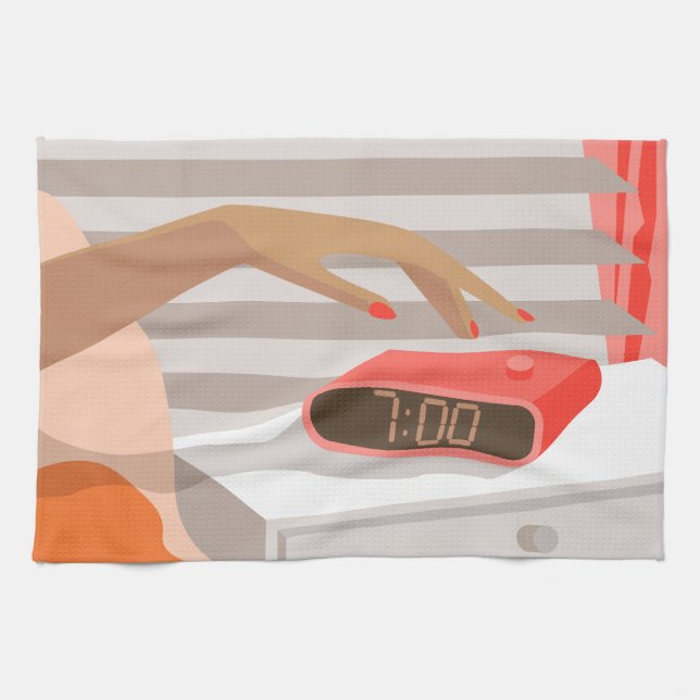 Womans hand pushing on alarm clock snooze button tea towel (Horizontal)