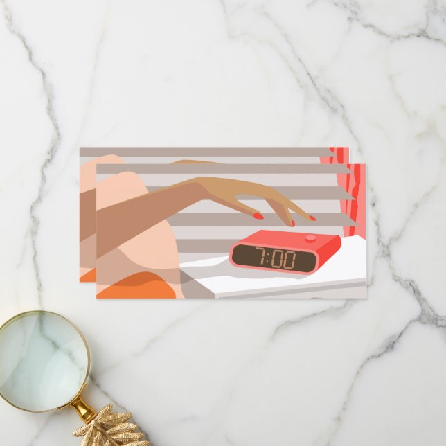 Womans hand pushing on alarm clock snooze button thank you card (Front/Back In Situ)