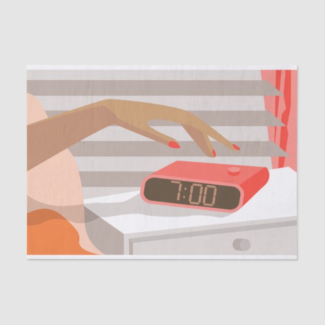Womans hand pushing on alarm clock snooze button tissue paper (Front)