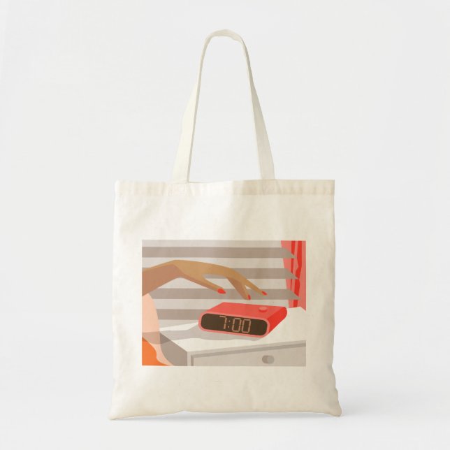 Womans hand pushing on alarm clock snooze button tote bag (Front)