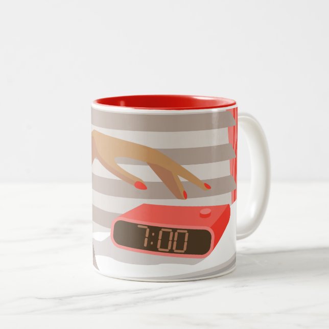 Womans hand pushing on alarm clock snooze button Two-Tone coffee mug (Front Right)