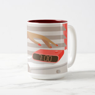 Womans hand pushing on alarm clock snooze button Two-Tone coffee mug