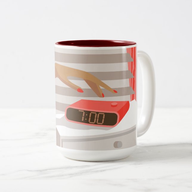 Womans hand pushing on alarm clock snooze button Two-Tone coffee mug (Front Right)