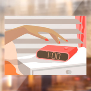 Womans hand pushing on alarm clock snooze button window cling