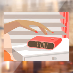 Womans hand pushing on alarm clock snooze button window cling
