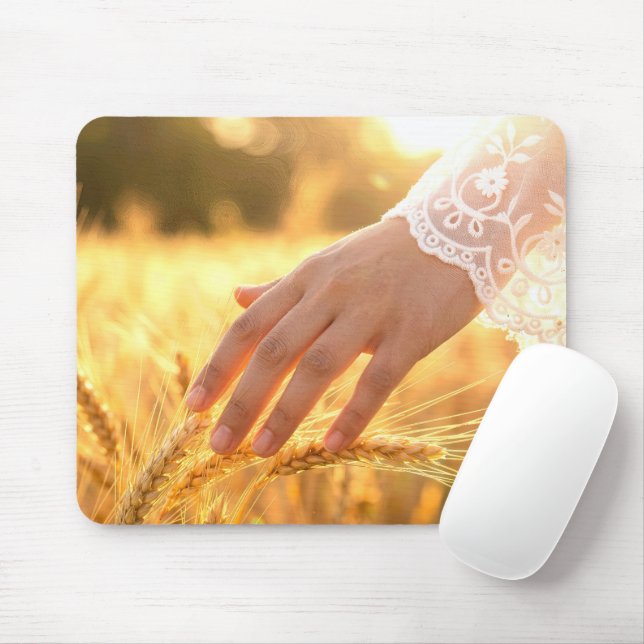 Woman's Hand Touching Wheat Tassels Mouse Mat (With Mouse)