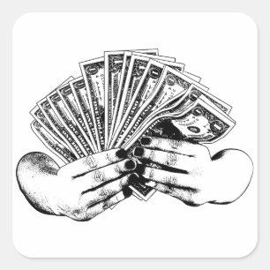 Womans hands holding dollar bills cash money art s square sticker