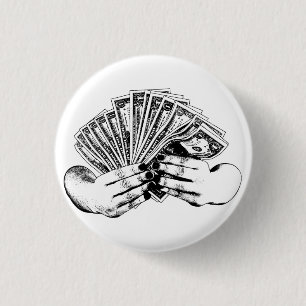 Womans hands holding money cash dollar bills art  3 cm round badge
