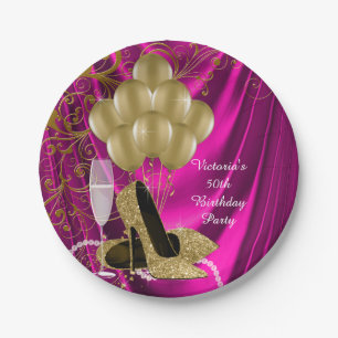 Womans Hot Pink Gold Birthday Party Paper Plates