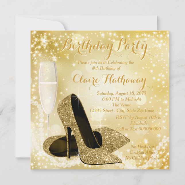 Womans Ivory and Gold Birthday Party Invitation (Front)