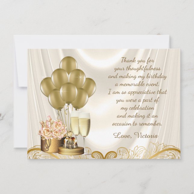 Womans Ivory Gold Birthday Party Thank You Cards (Front)