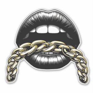 womans mouth lips with gold chain art illustration