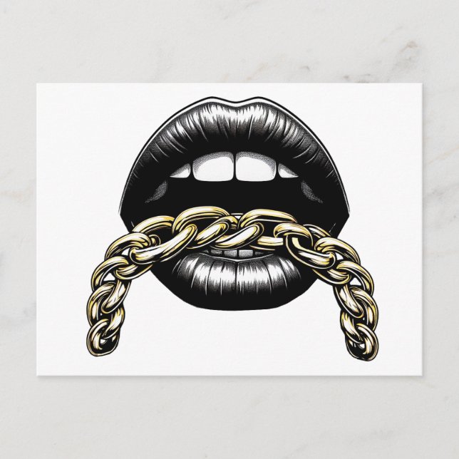womans mouth lips with gold chain art illustration postcard (Front)
