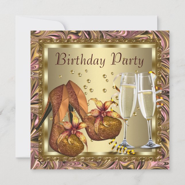 Womans Orange Pink Gold Birthday Party Invitation (Front)