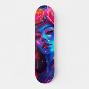 Woman'S Patineta Face Painted Green And Pink Skateboard