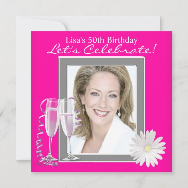 Womans Photo Hot Pink Birthday Party Invitation (Front)