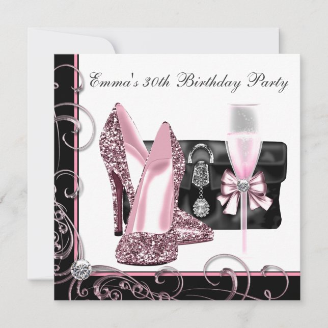 Womans Pink and Black Birthday Party Invitation (Front)
