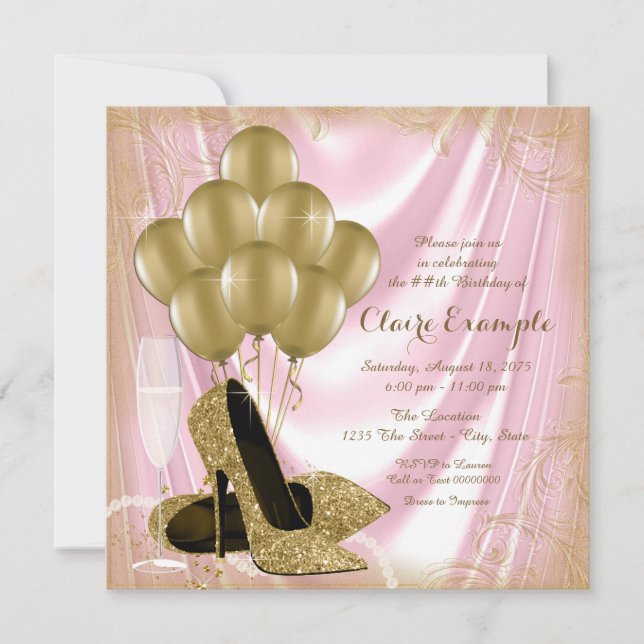 Womans Pink and Gold Birthday Party Satin Glitter Invitation (Front)