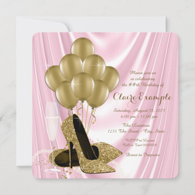 Womans Pink and Gold Birthday Party Satin Invitation (Front)