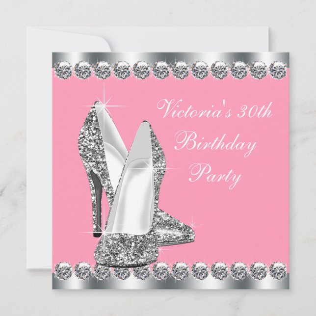 Womans Pink and Silver Birthday Party Invitation (Front)