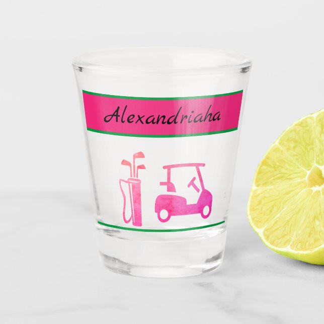 Woman's Pink Golf Cart Clubs Golfer Name Shot Glass (Front)