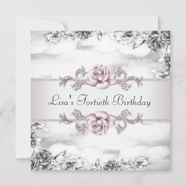 Womans Pink Rose Black White 40th Birthday Party Invitation (Front)