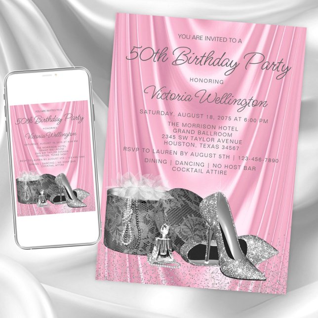 Womans Pink Silver Shoe Any Number Birthday Invitation (Womans pink silver any number birthday invitation. Instant download & printed invitations available.)