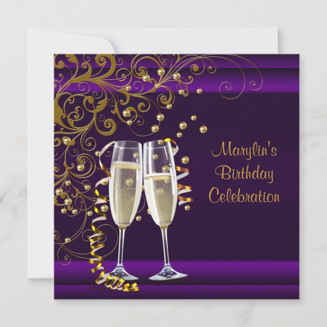 Womans Purple Gold Birthday Party Invitation (Front)