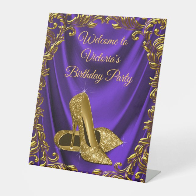 Womans Purple Gold Birthday Party Welcome Table Pedestal Sign (Front)