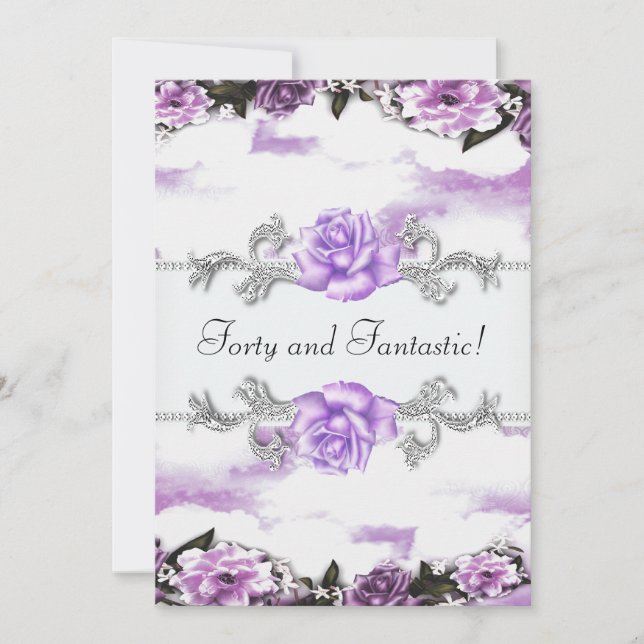 Womans Purple Lavender Roses 40th Birthday Party Invitation (Front)