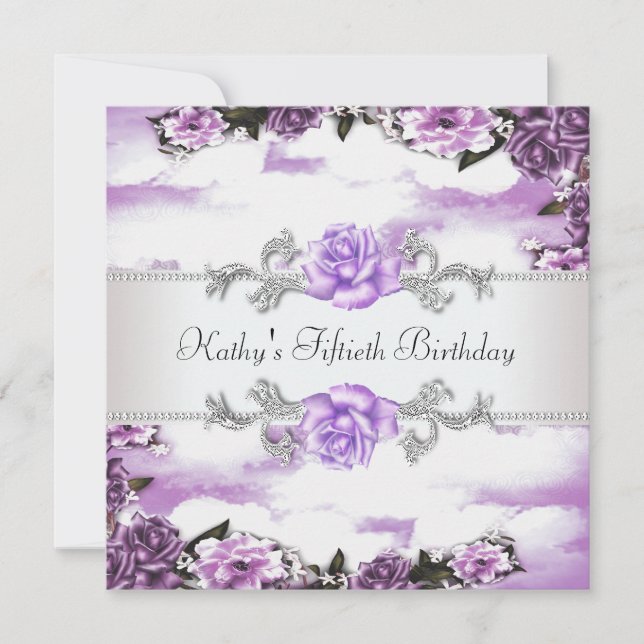 Womans Purple Lavender Roses 50th Birthday Party Invitation (Front)