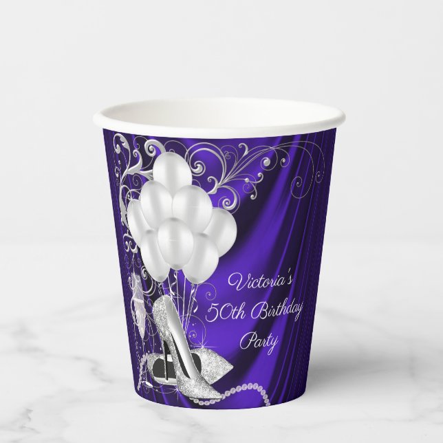 Womans Purple Silver Birthday Party Paper Cups (Front)