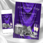 Womans Purple Silver Shoe Champagne Birthday Invitation<br><div class="desc">Womans purple and silver birthday party invitation with pretty silver high heel shoes,  gifts and champagne on a beautiful purple satin background. This womans purple birthday party invitation is easily customised for your event by simply adding your event details.</div>