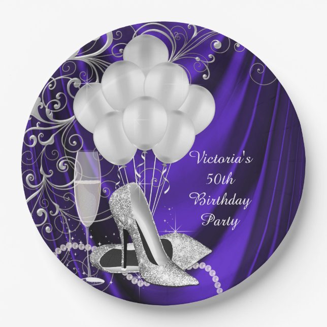 Womans Purple Silver Shoe Party Paper Plates (Front)