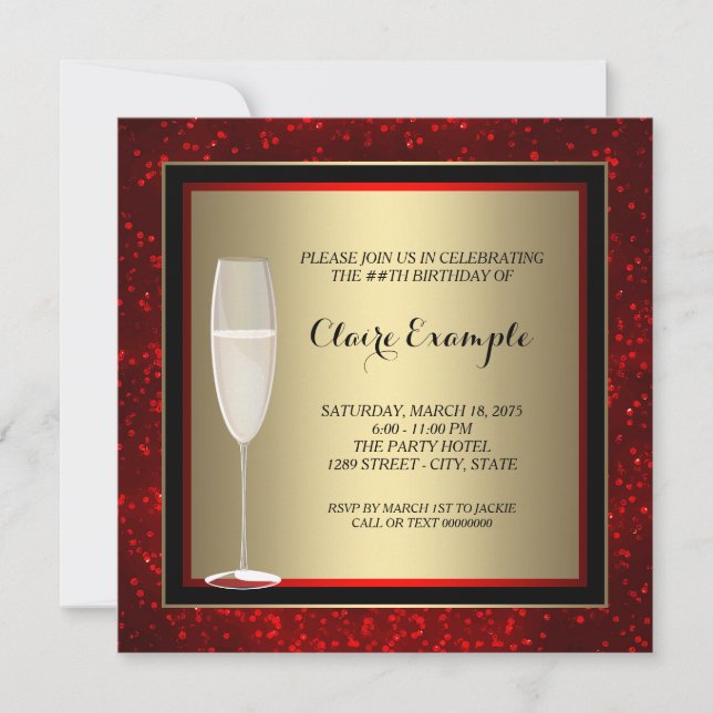 Womans Red and Gold Champagne Birthday Party Invitation (Front)