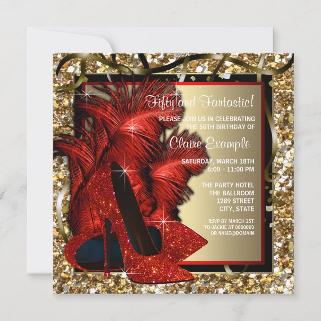 Womans Red and Gold High Heels Birthday Party Invitation (Front)