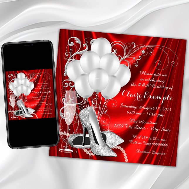 Womans Red and Silver Birthday Party Luxe Invitation (Womans red and silver birthday party invitation with pretty silver high heel shoes, pearls. Any #.)