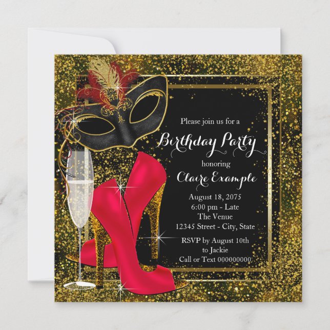 Womans Red Black Gold High Heel Birthday Party Invitation (Front)
