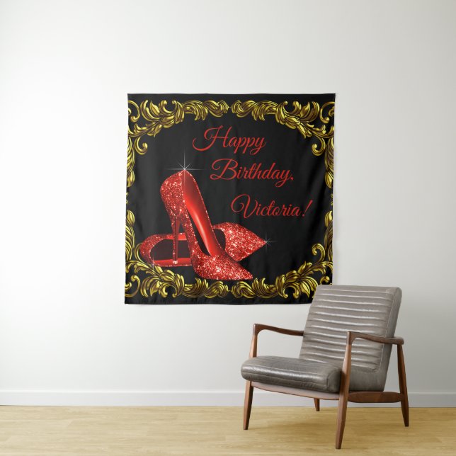 Womans Red Black Gold Shoe Birthday Party Backdrop Tapestry (In Situ)