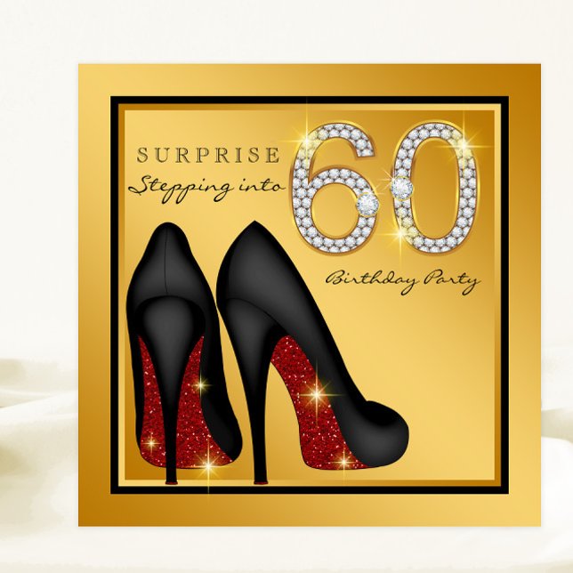 Womans Red Black Gold Surprise 60th Birthday Party Invitation (Creator Uploaded)