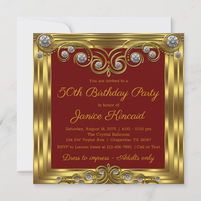 Womans Red Gold Birthday Party Invitation (Front)