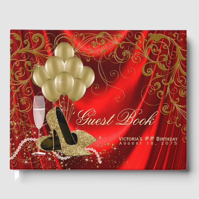 Womans Red Gold Shoes Pearls Birthday Guest Book (Front)