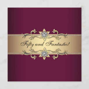 Womans Red Wine Gold 50th Birthday Party Invitation