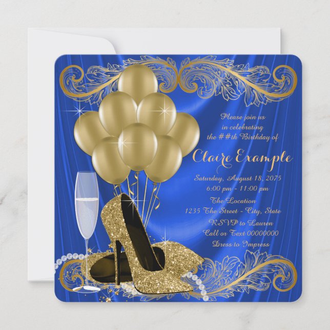 Womans Royal Blue and Gold Birthday Party Glam Invitation (Front)