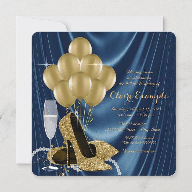 Womans Royal Blue and Gold Birthday Party Satin Invitation (Front)