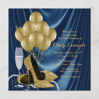 Womans Royal Blue and Gold Birthday Party Satin Invitation