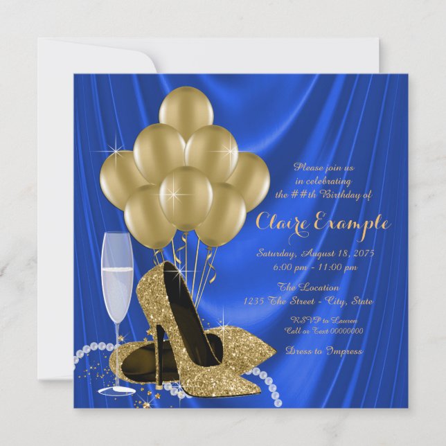Womans Royal Blue and Gold Satin Birthday Party Invitation (Front)