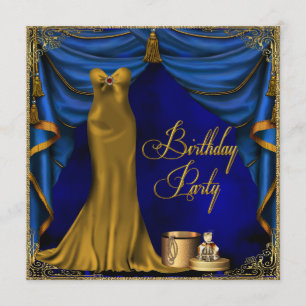 Womans Royal Blue Gold Art Deco Birthday Party Invitation